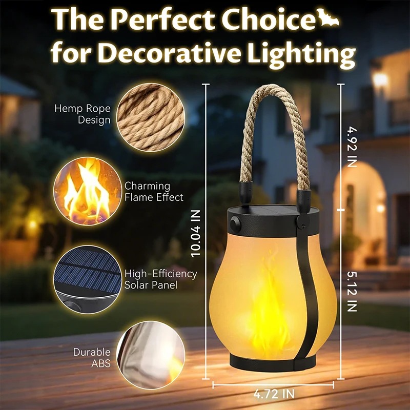 Kaliqo 6-Pack Solar Lantern Outdoor Lights – Waterproof Hemp Rope Hanging Lanterns With Realistic Dancing Flame Effect, Automatic Solar Charging + USB Backup, For Garden, Patio, Yard Decor